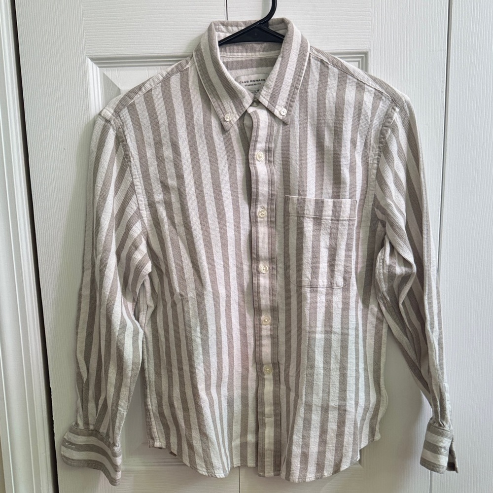 Club Monaco Beige and White Striped Men's Shirt